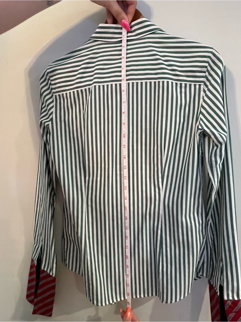 Women’s Green and White Striped Button-Up Shirt with Red Contrast Trim - Picture 7 of 7